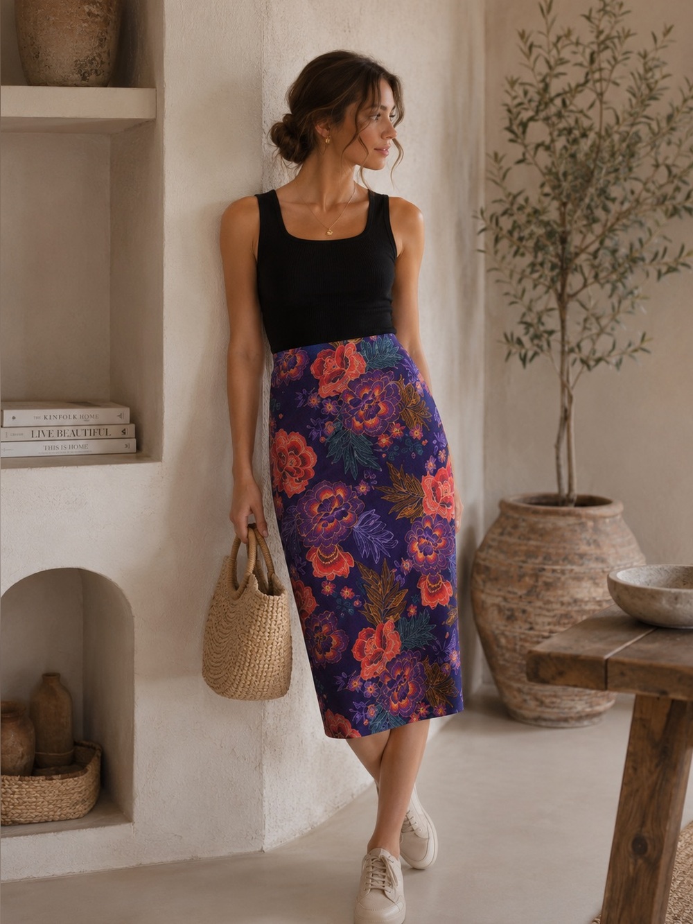 JADE by JOHNNY WAS Lizandrea Pencil Skirt Sz XS Midi Mesh Floral Stretch